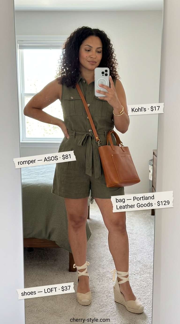 Khaki utility romper with white tee, gold bracelet, and espadrilles. Casual summer romper outfits for women 2026.