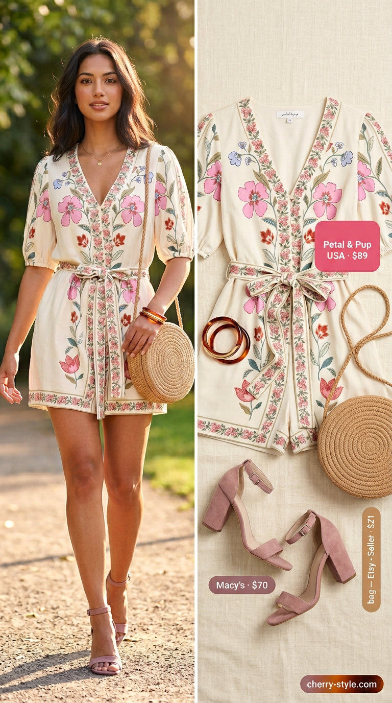 Floral print romper with tan crossbody bag, blush heels, and gold bangles. Casual summer romper outfits for women 2026.