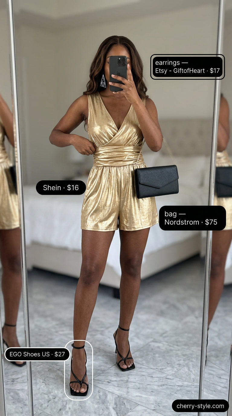 Glamorous casual summer romper outfit for women 2026: Metallic gold romper with black heels and clutch.
