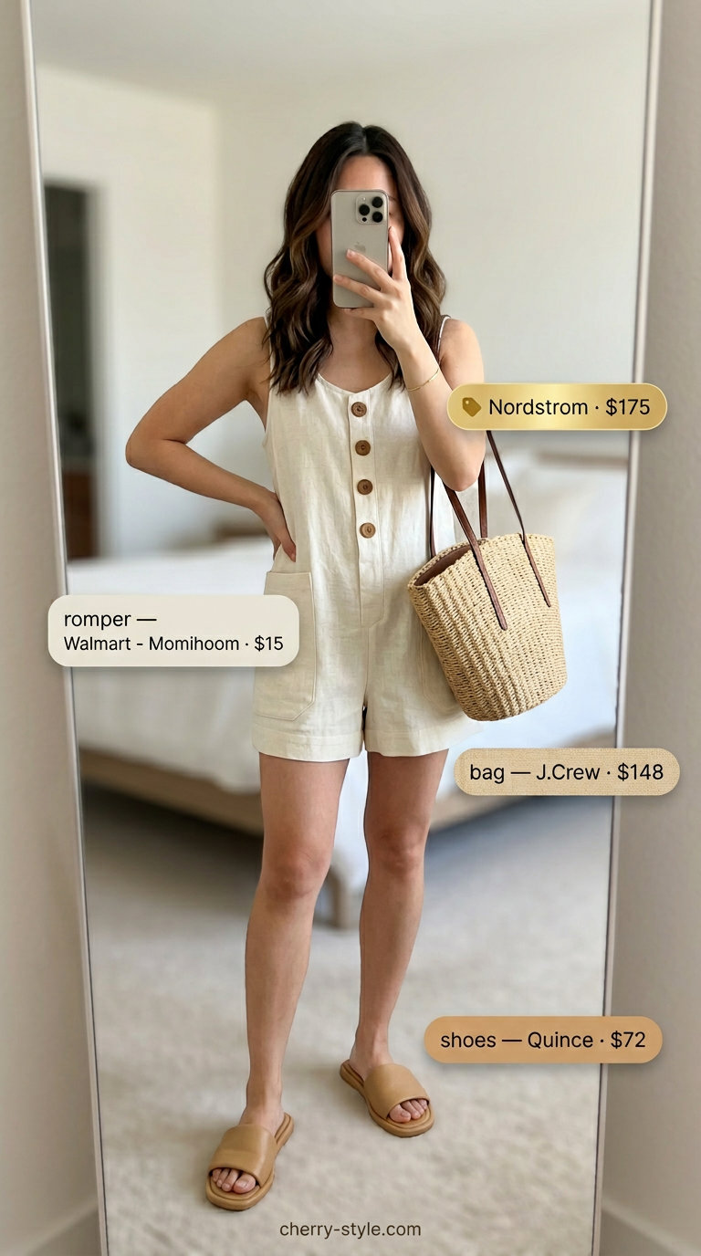 Elegant casual summer romper outfit for women 2026: Linen romper with leather slides and straw tote.