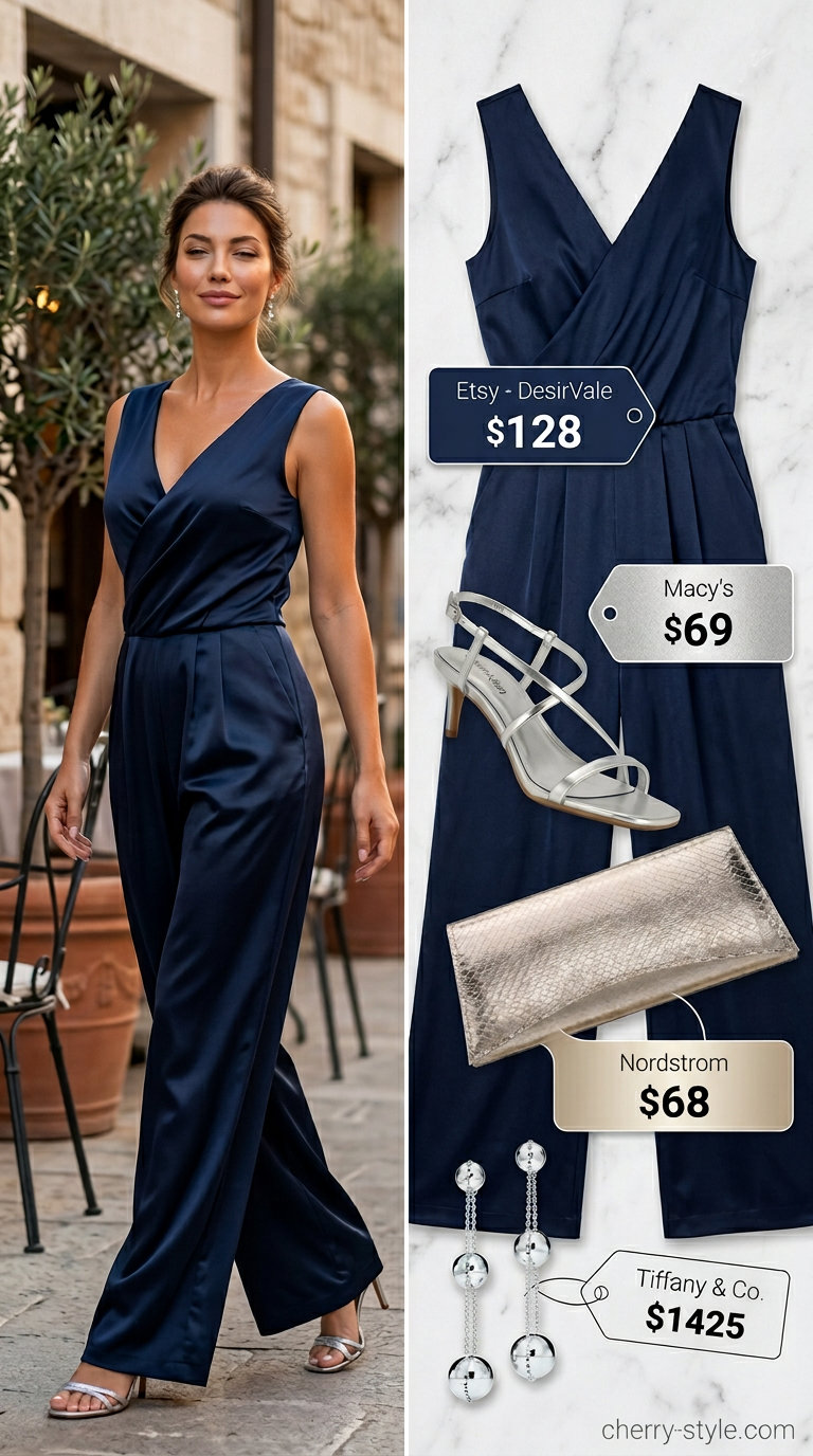 Sophisticated casual summer romper outfit for women 2026: Navy satin romper with silver metallic accessories.