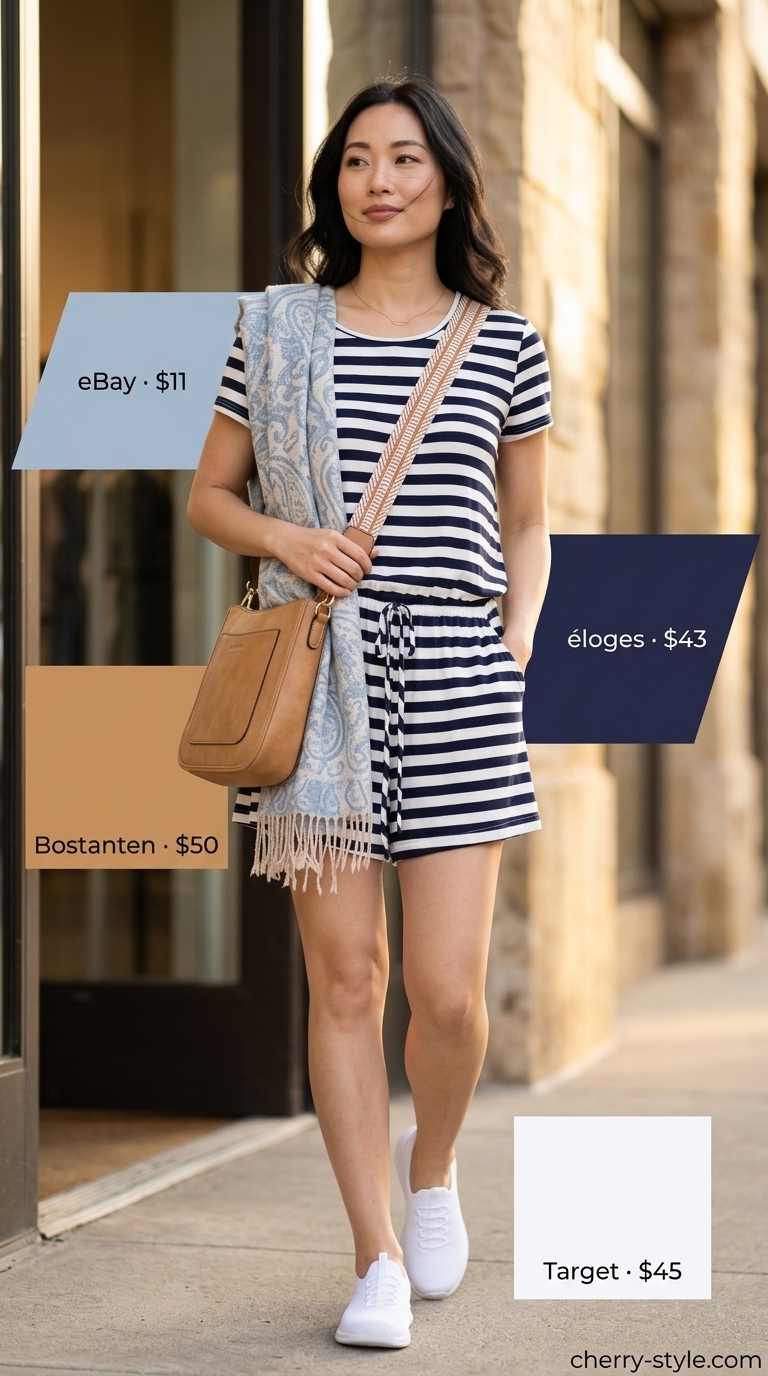Comfortable casual summer romper outfit for women 2026: Striped knit romper with sneakers and crossbody bag.