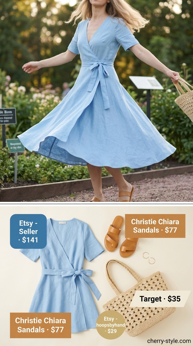 Casual summer wrap dress outfits 2026: Light blue linen wrap dress with minimalist leather sandals and a straw tote bag for vacation.