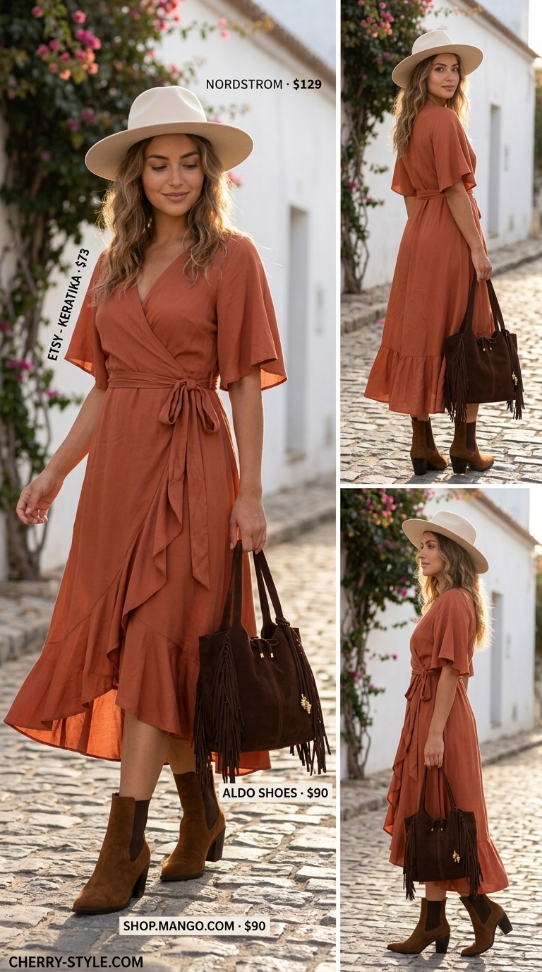 Terracotta peasant sleeve wrap dress, suede boots, felt hat for boho summer outfits 2026.
