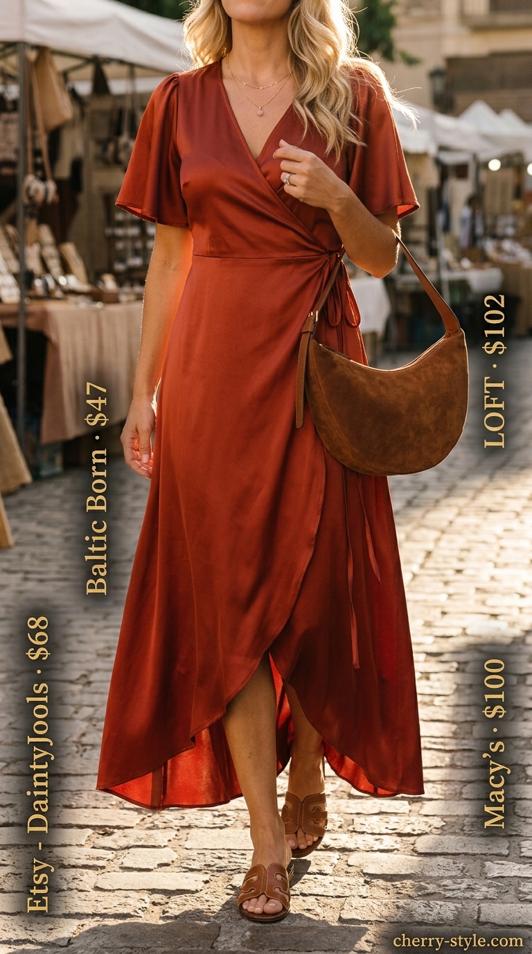 Boho chic maxi wrap dress outfit with terracotta tones, layered gold necklaces, and suede crossbody for summer days 2026.