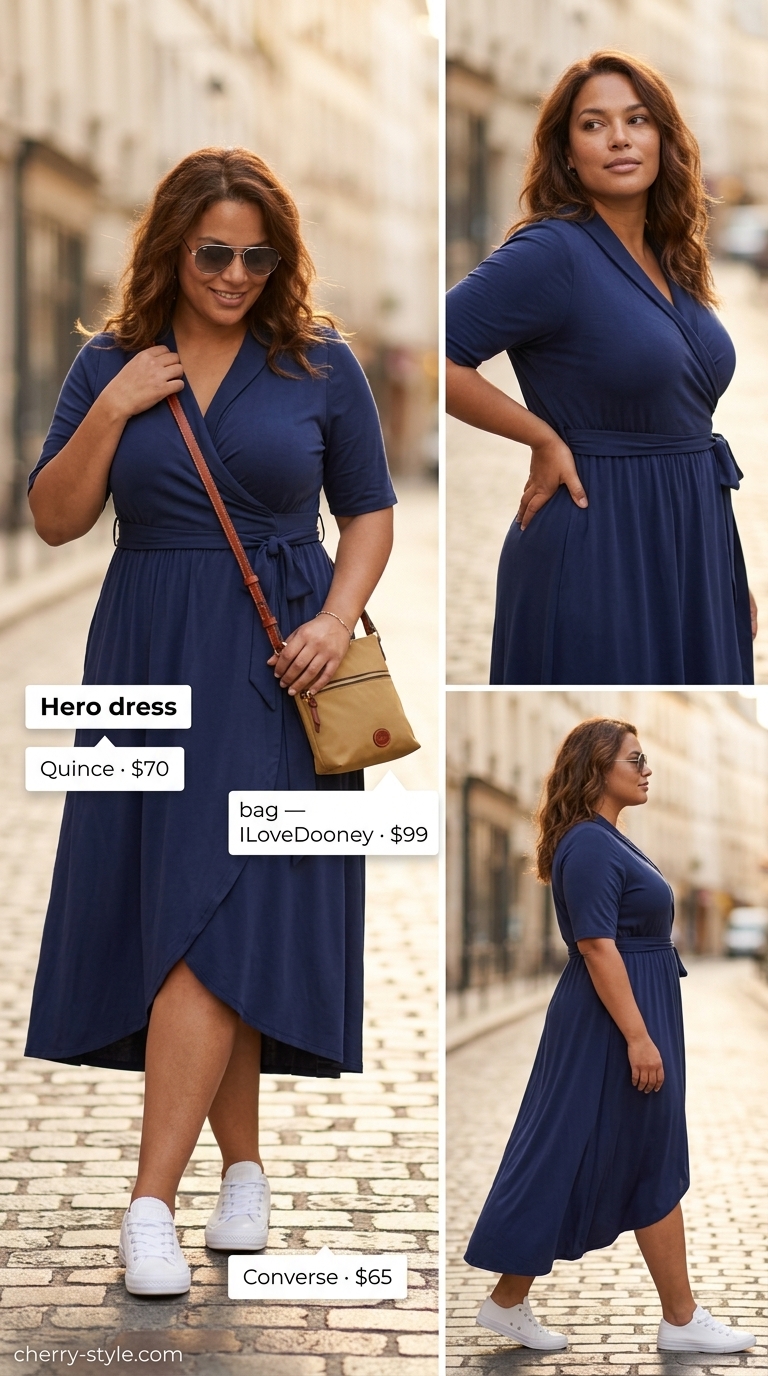 Navy tencel wrap dress, white sneakers, aviator sunglasses for city outfits 2026.