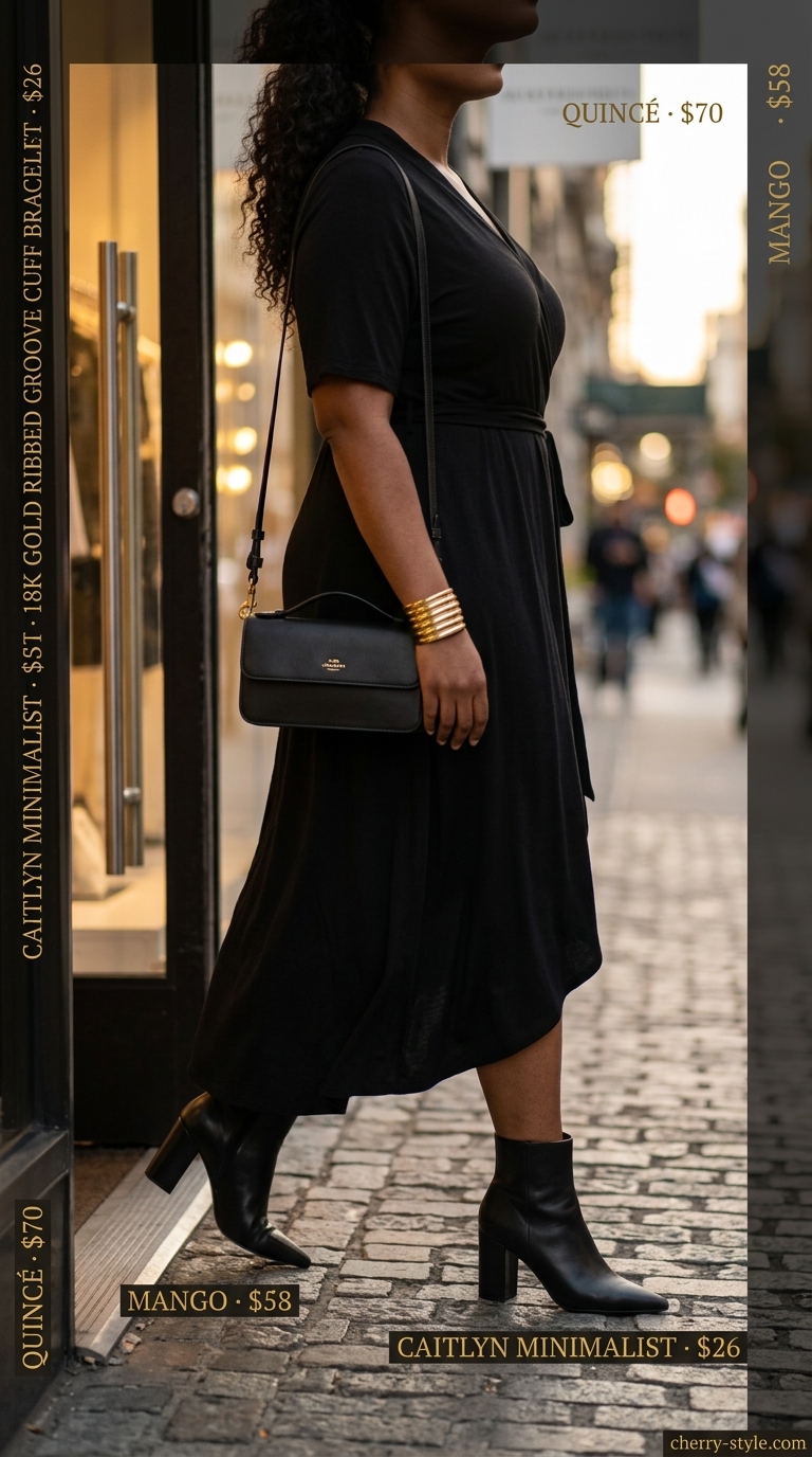 Chic city stroll outfit featuring a beige wrap dress, black ankle boots, and gold accessories for evening events 2026.