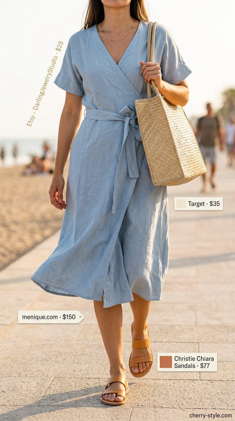 Casual summer wrap dress outfits 2026: Sky blue linen wrap dress with tan leather sandals and an oversized straw tote bag for the beach.