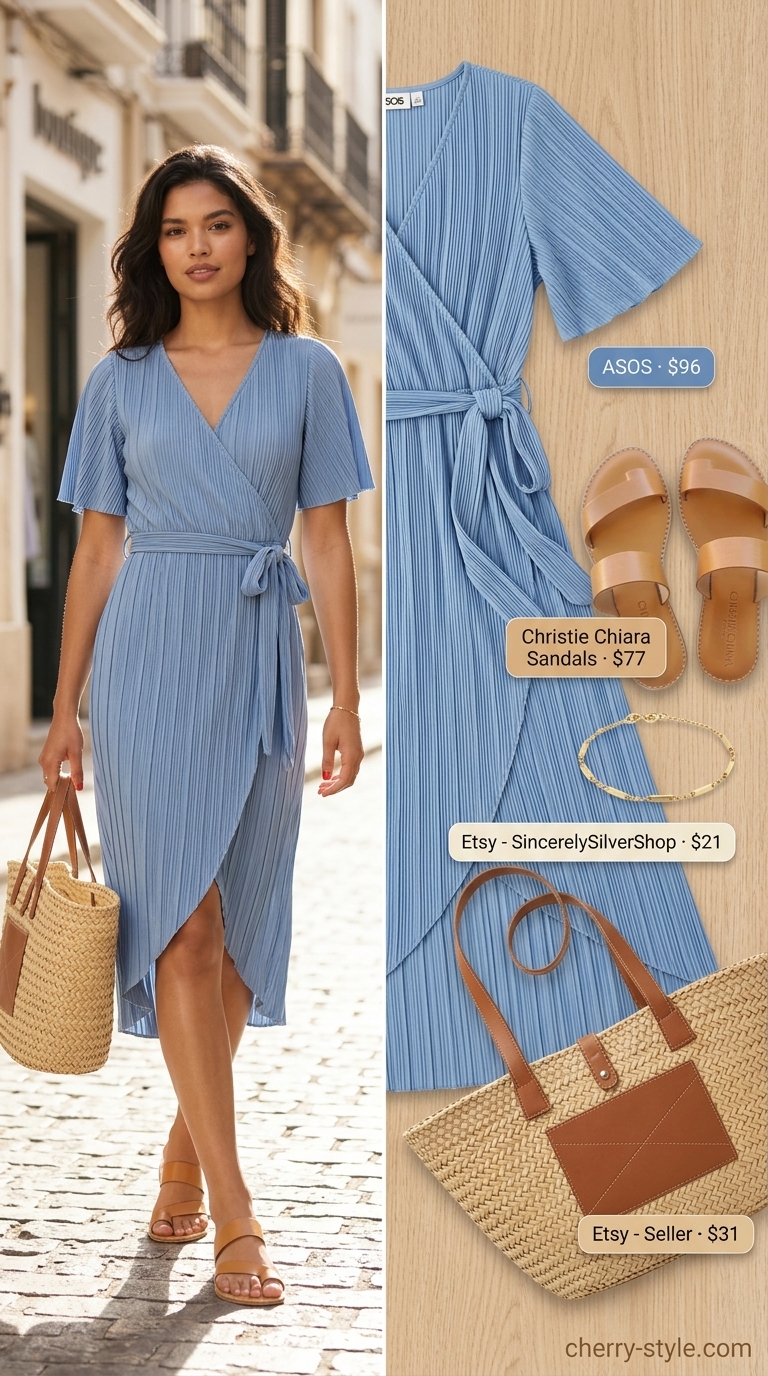 Sky blue cotton wrap dress, tan slides, straw tote for coastal summer outfits 2026.
