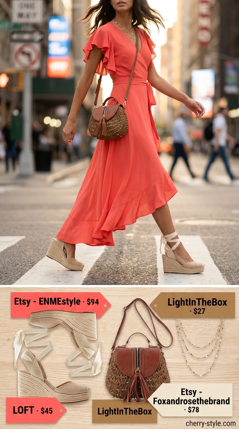 Sunset wanderer wrap dress outfit in vibrant coral with espadrilles and woven crossbody for summer evenings 2026.