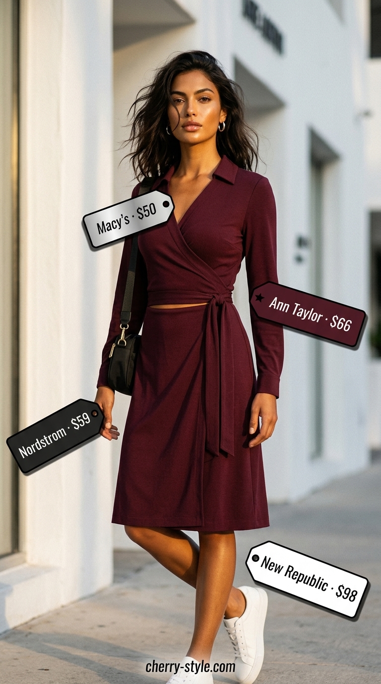 Casual summer wrap dress outfits 2026: Charcoal grey wrap dress with white sneakers and silver hoop earrings for travel.