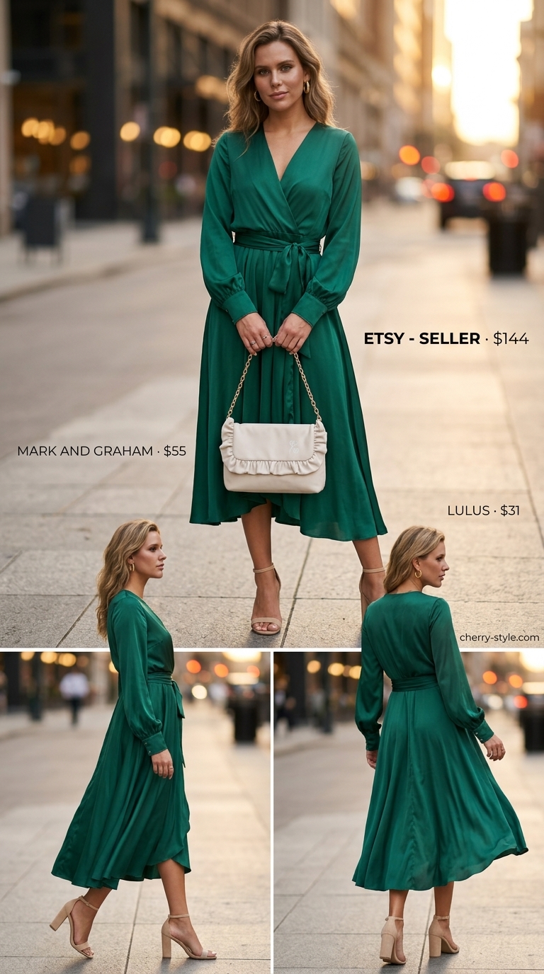 Sophisticated emerald green wrap dress outfit with nude heels and gold earrings for dinner dates 2026.
