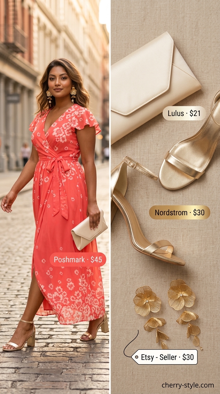 Glamorous sunset glow wrap dress outfit in coral with gold statement earrings and metallic heels for events 2026.