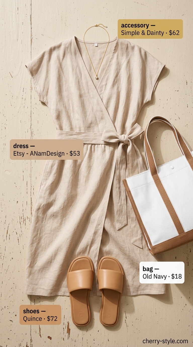 Beige linen midi wrap dress, canvas tote, tan slides for casual outfits 2026.