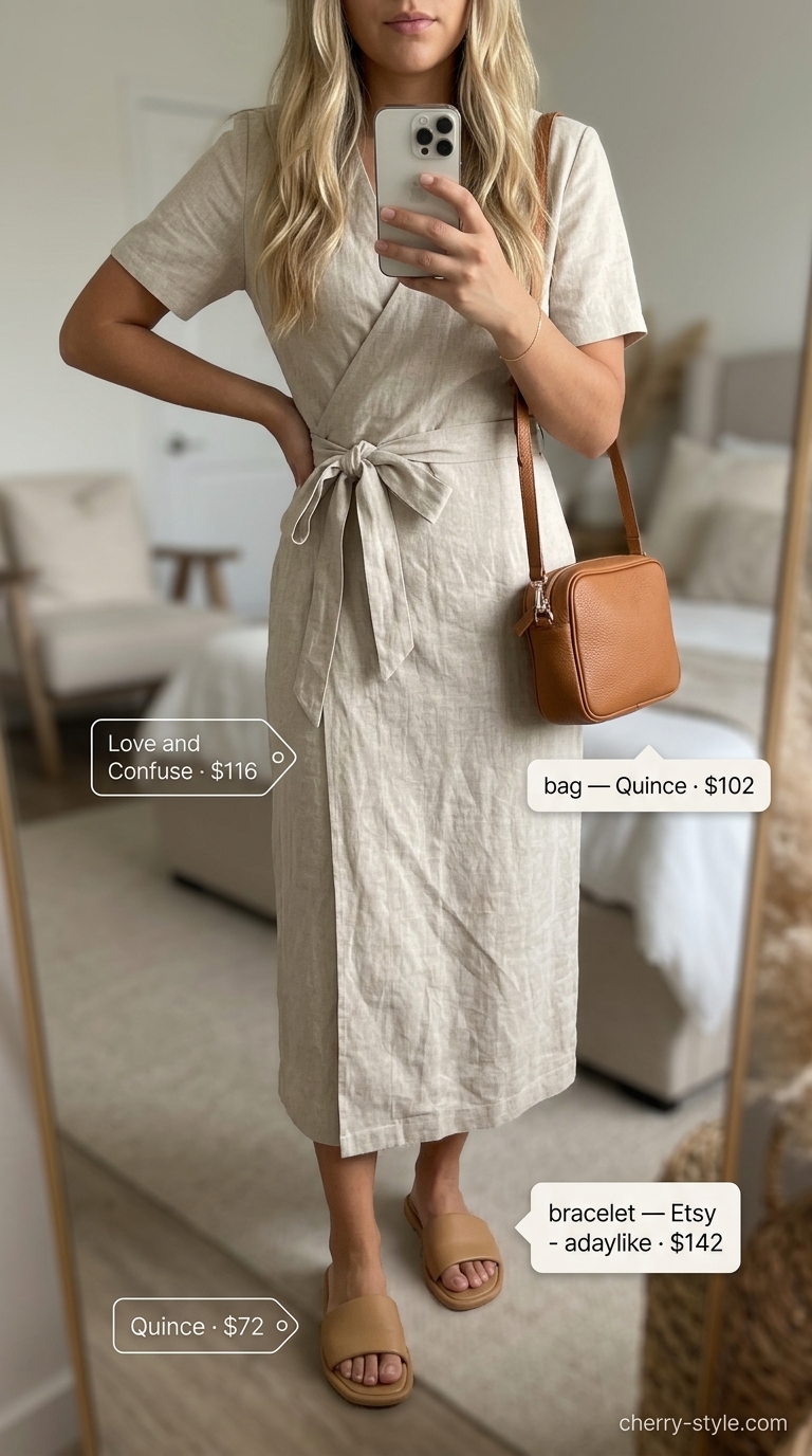 Natural linen midi wrap dress, tan slides, gold bracelet for chic summer outfits 2026.