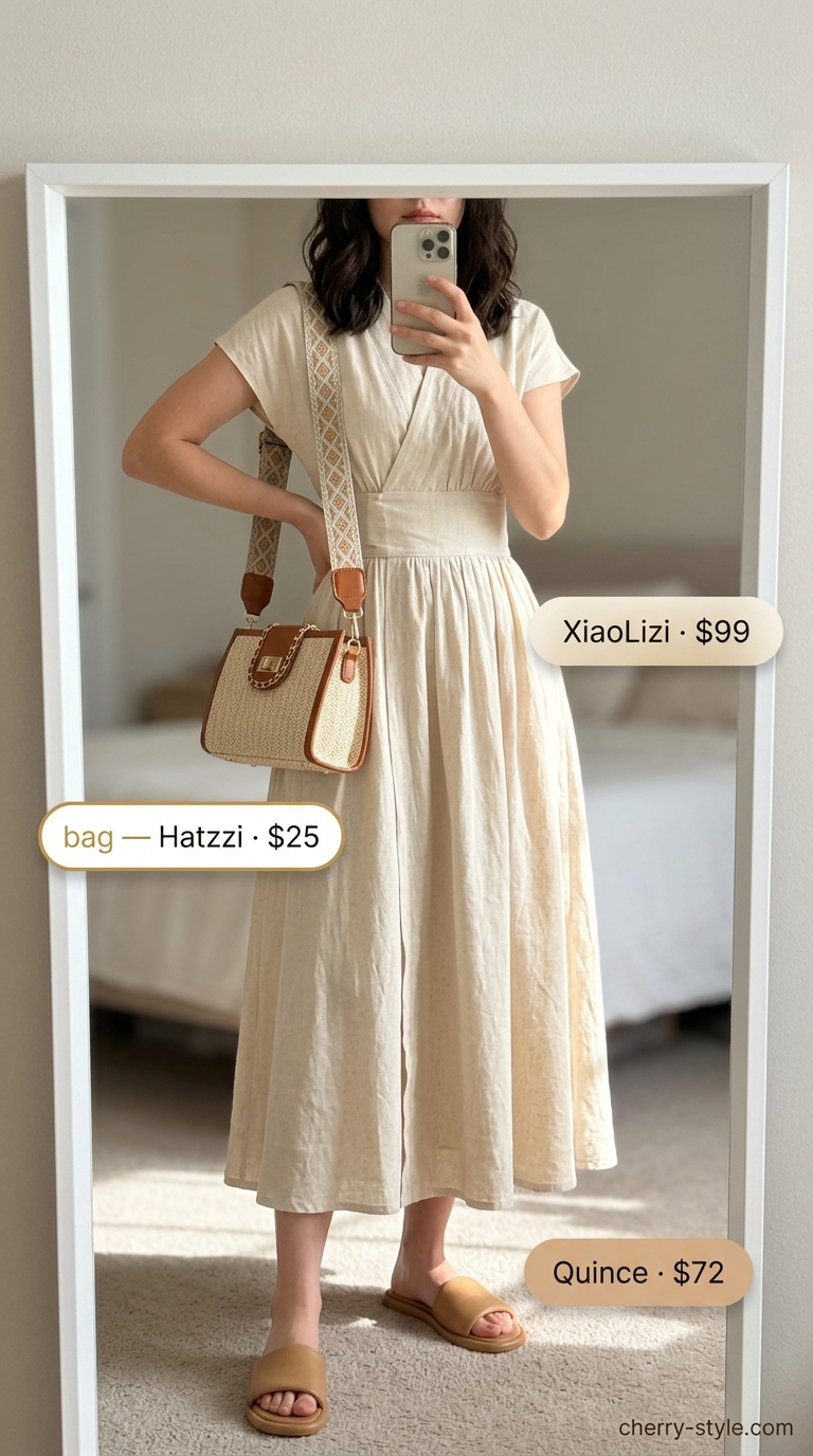 Sunny day linen wrap dress outfit in cream with gold earrings and natural tan slides for casual outings 2026.