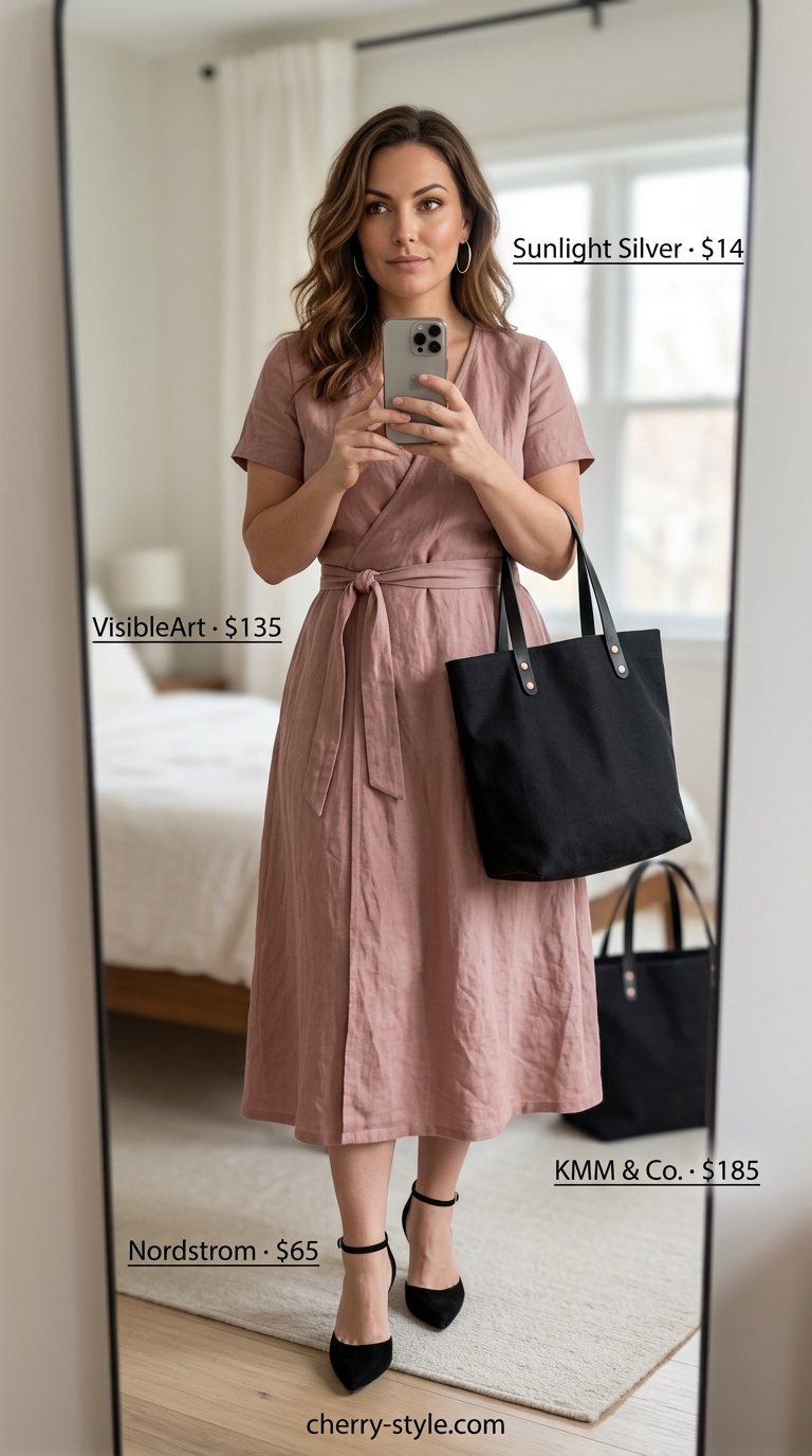 Charcoal grey linen wrap dress, black mules, silver hoops for minimalist outfits 2026.