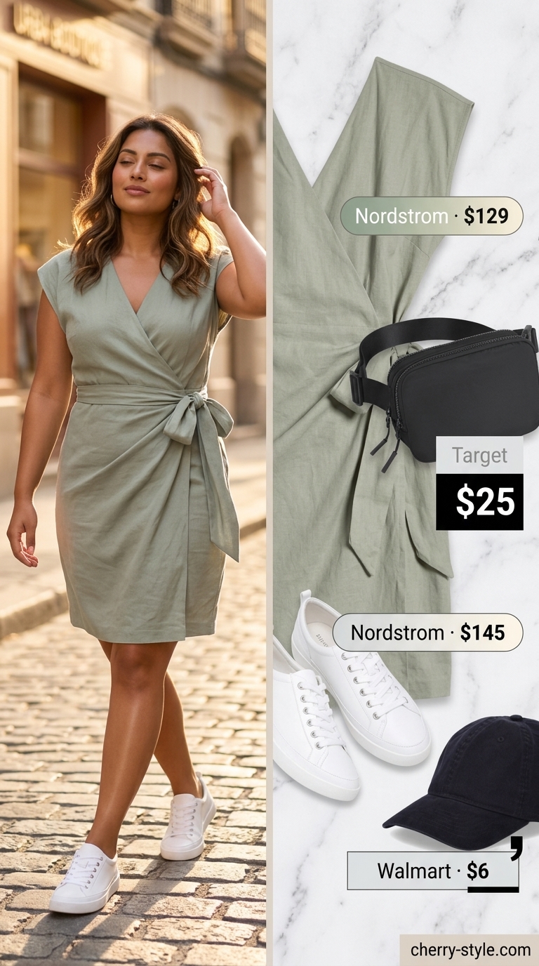Weekend wanderer wrap dress outfit in olive green with white sneakers and belt bag for casual outings 2026.