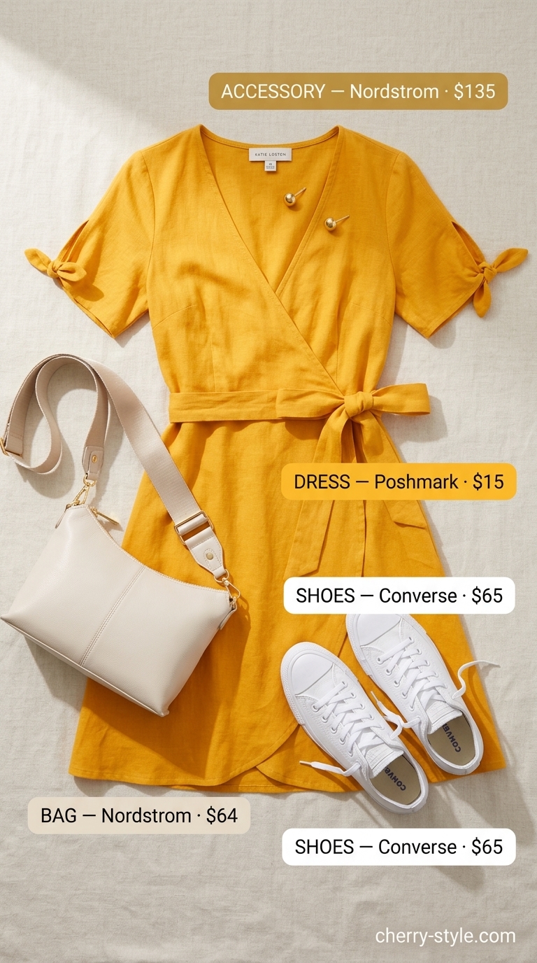 Bright yellow mini wrap dress, white sneakers, crossbody bag for party outfits 2026.