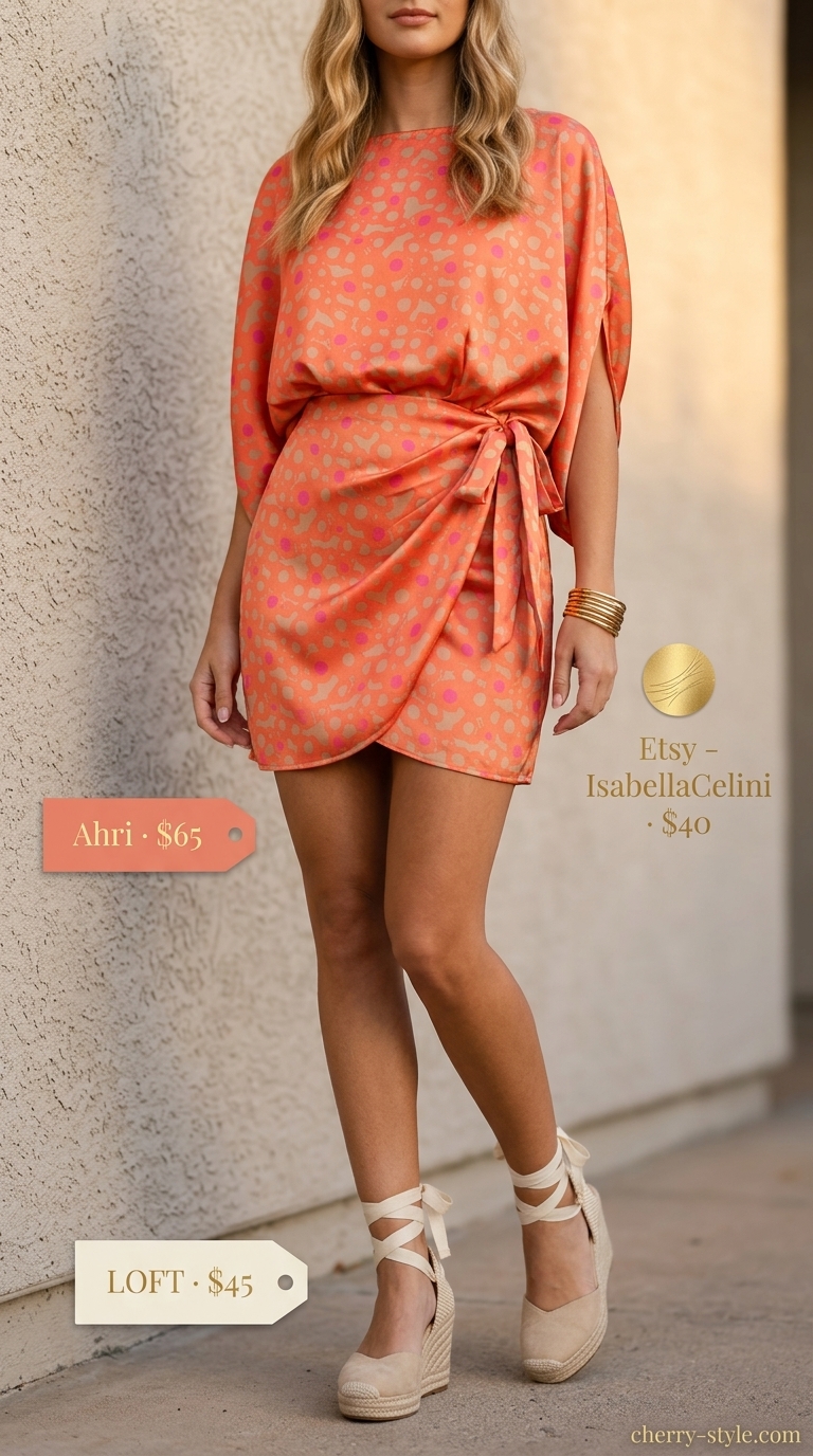Casual summer wrap dress outfits 2026: Coral satin midi wrap dress with espadrille wedges and gold bangles for a sunset dinner.