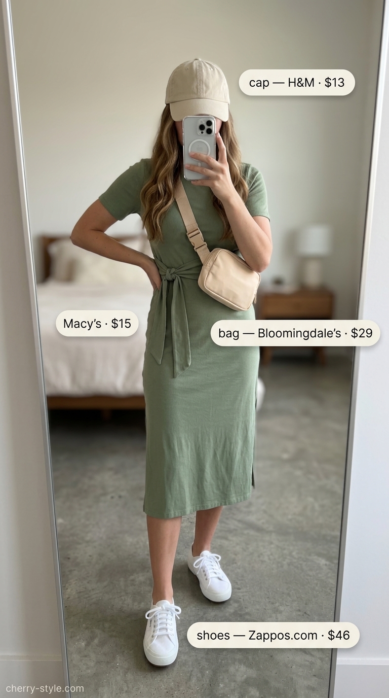 Casual summer wrap dress outfits 2026: Olive green cotton wrap dress with canvas sneakers, belt bag, and baseball cap for errands.