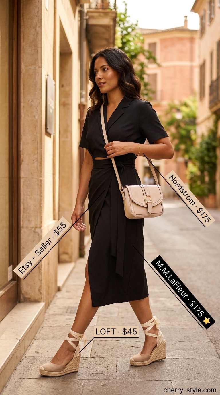 Casual summer wrap dress outfits 2026: Yellow A-line wrap dress with espadrille wedges and a structured crossbody bag for a summer outing.