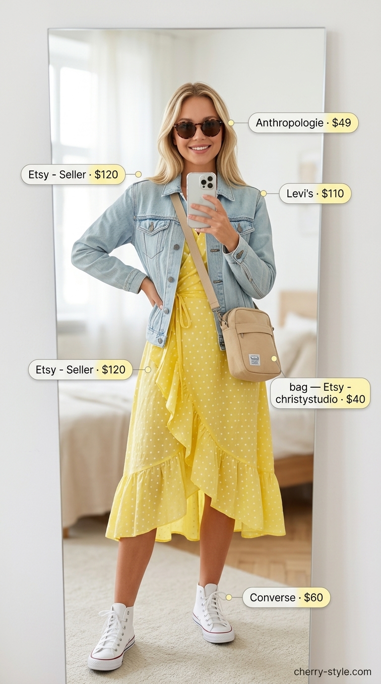Playful summer wrap dress outfit in bright yellow with denim jacket and white sneakers for casual festivals 2026.