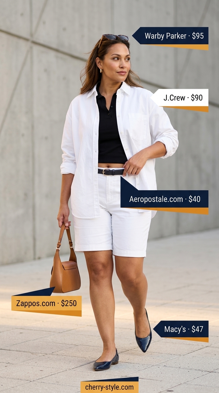 Classic summer outfit for women over 50 2026: Tailored Bermuda shorts, white shirt, and navy flats for stylish errands.