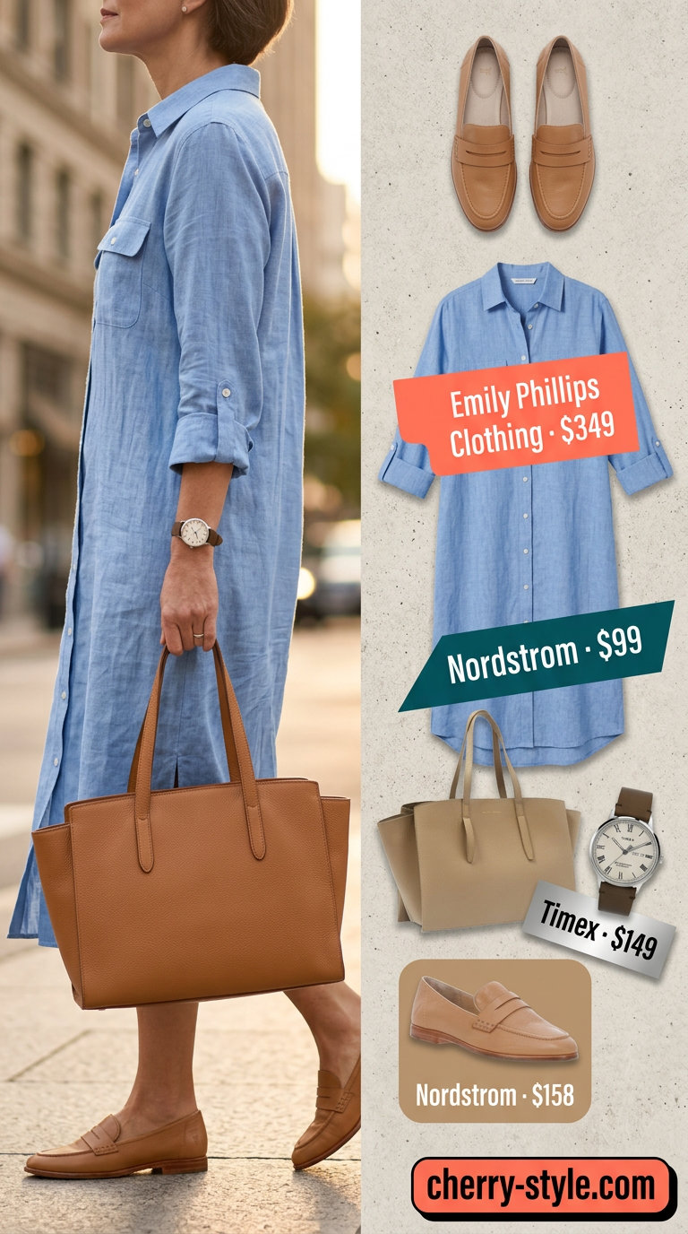 Classic summer outfit for women over 50 2026: Soft blue linen shirt dress, tan loafers for office.