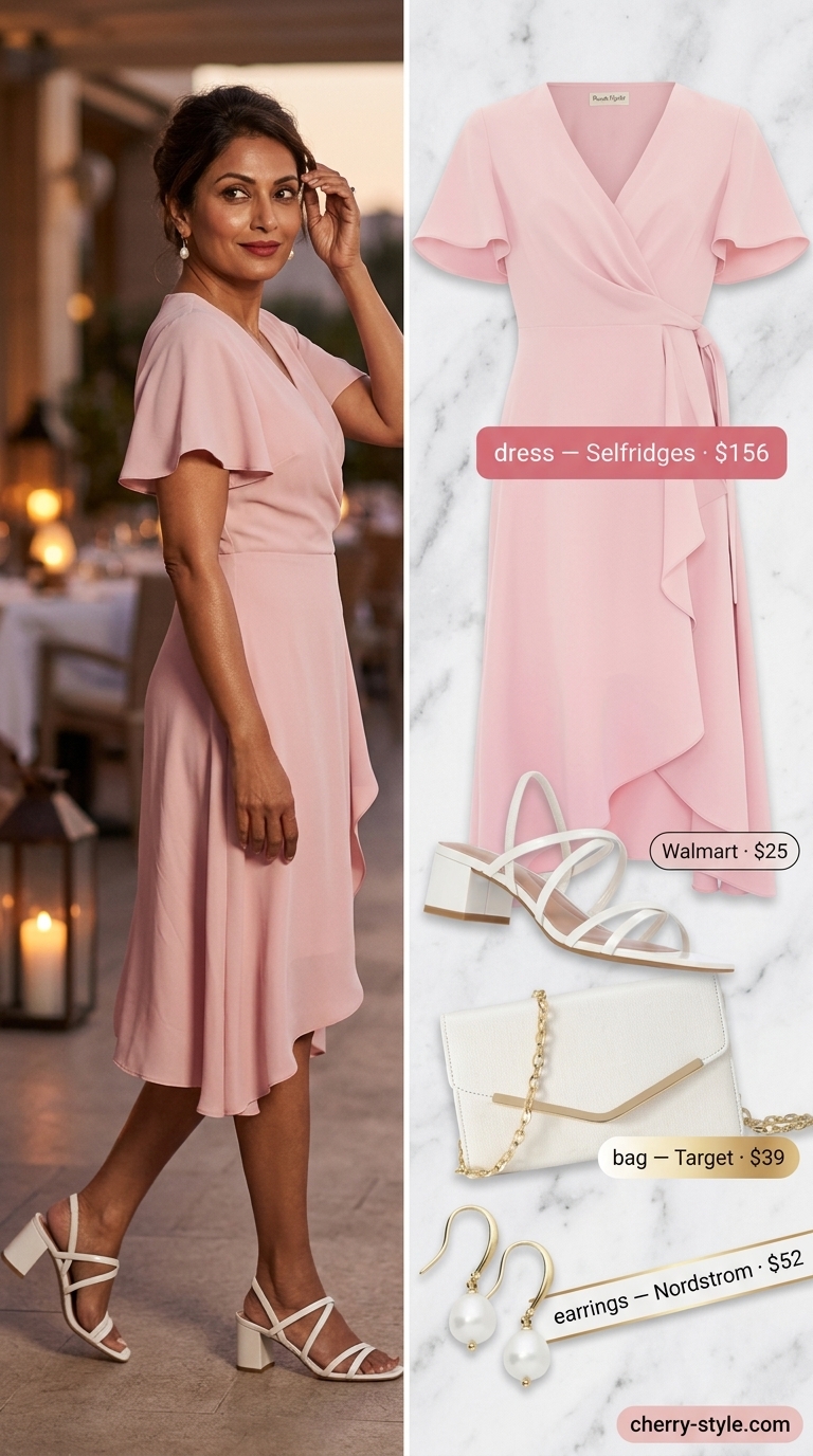 Classic summer outfit for women over 50 2026: Blush pink wrap dress with gold accessories for an elegant evening event.