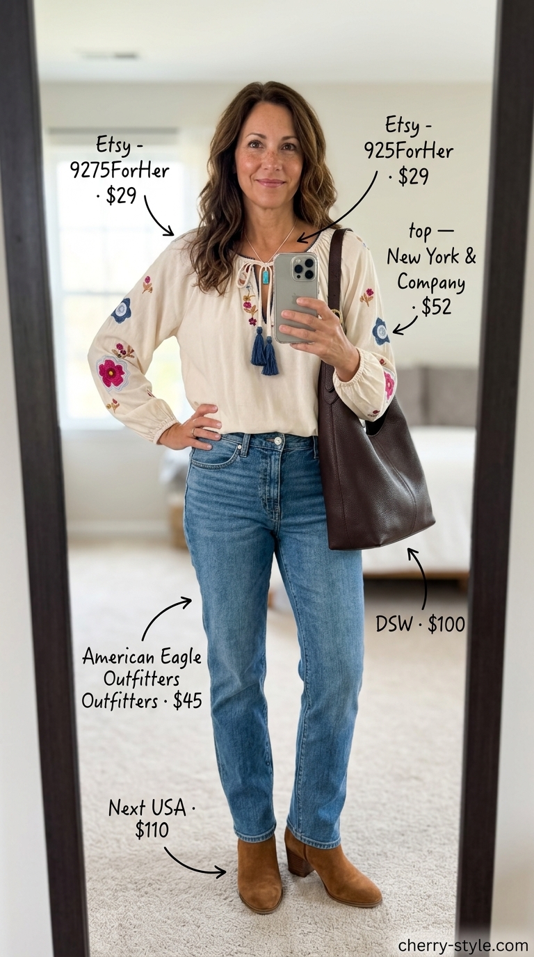 Classic summer outfit for women over 50 2026: Boho peasant blouse, denim jeans for casual evening.
