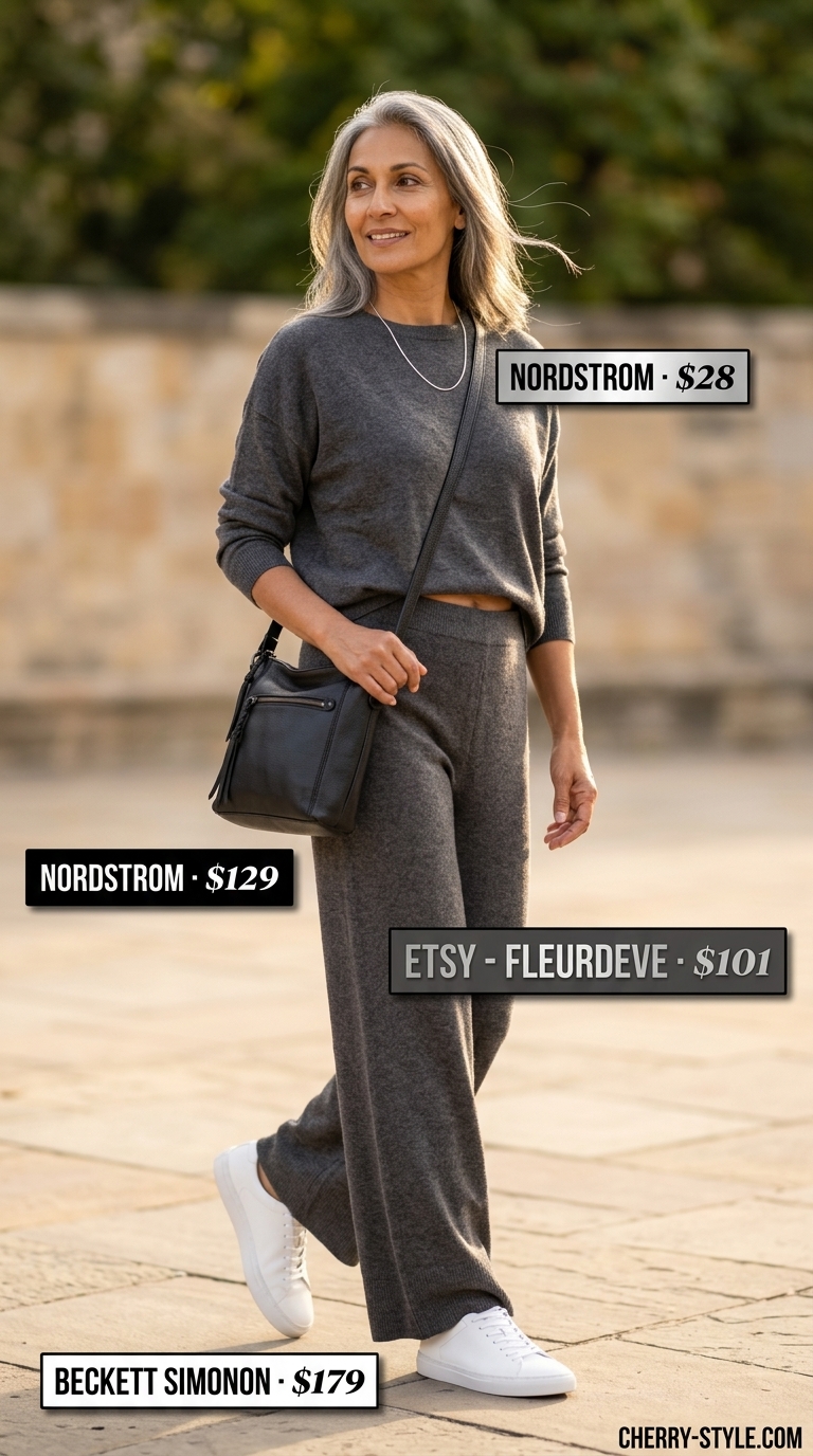 Classic summer outfit for women over 50 2026: Charcoal knit set, white sneakers for travel.