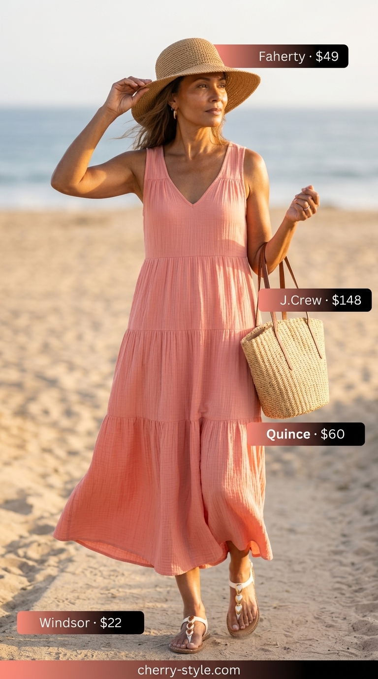 Classic summer outfit for women over 50 2026: Coral maxi dress, straw hat for beach vacation.