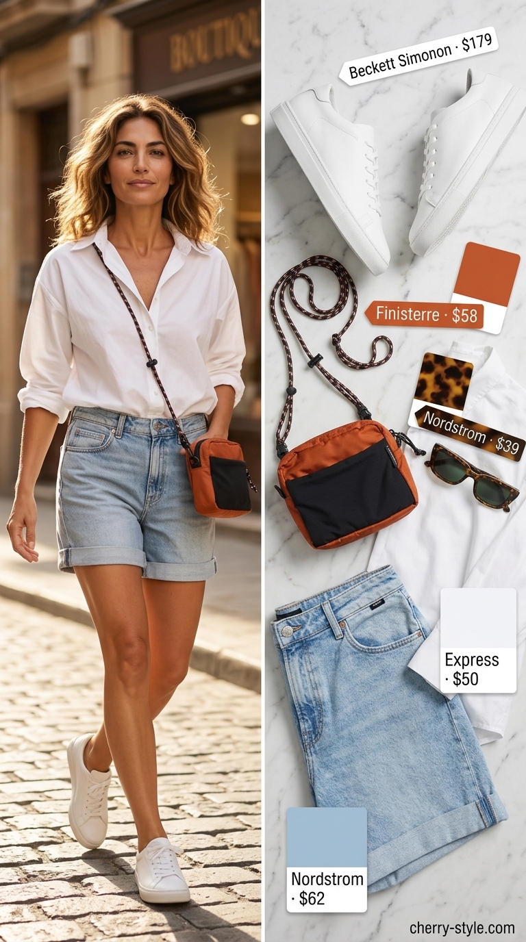 Classic summer outfit for women over 50 2026: Denim shorts, white shirt, and coral bag for a casual seaside lunch.