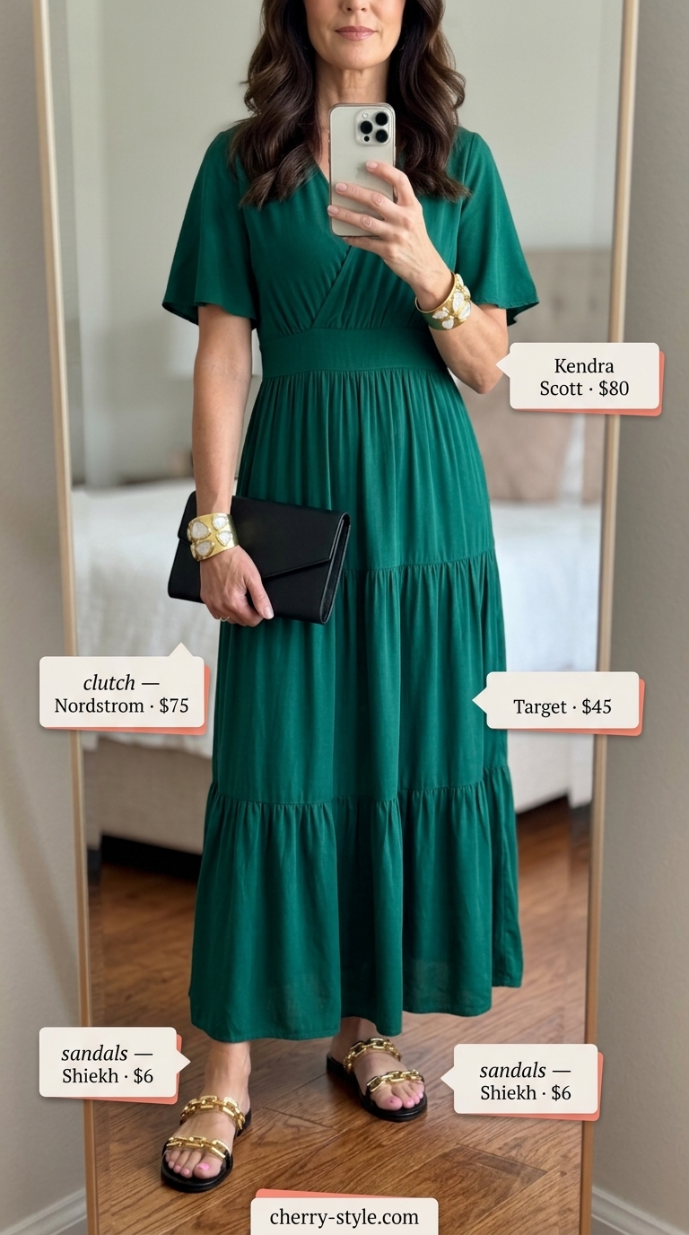 Classic summer outfit for women over 50 2026: Emerald green maxi dress, gold accents for elegant evening.