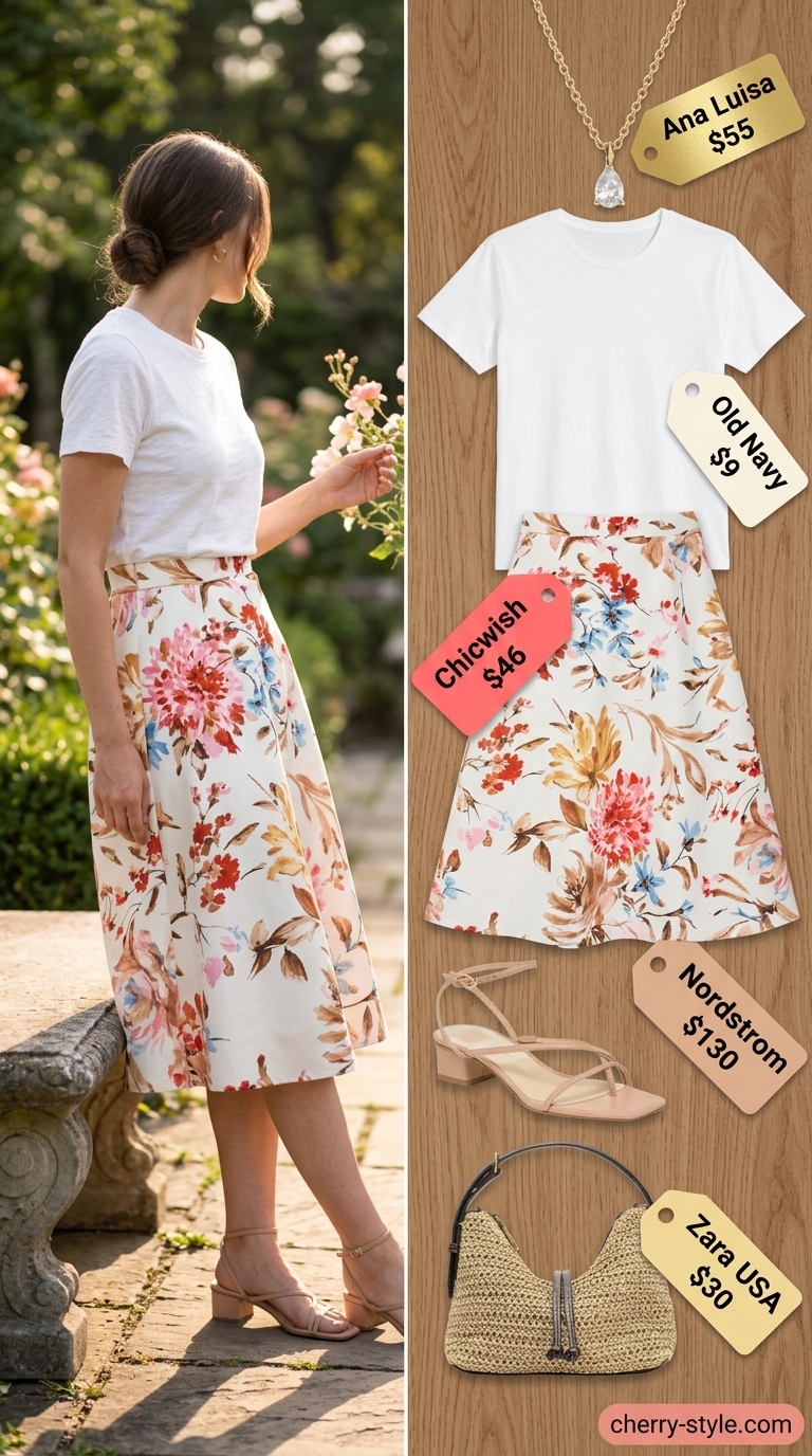 Classic summer outfit for women over 50 2026: Floral midi skirt, white tee for garden party.