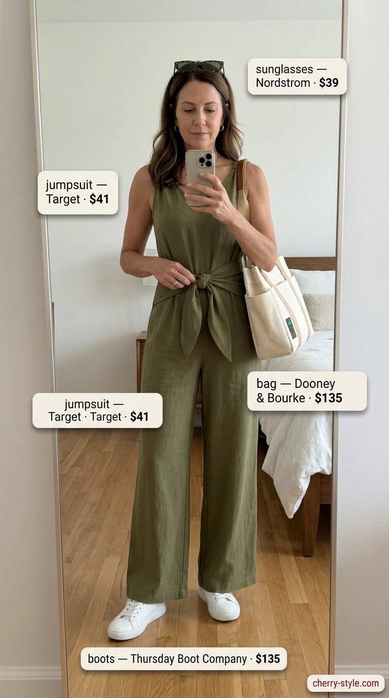 Classic summer outfit for women over 50 2026: Olive green wide-leg jumpsuit with white sneakers for a casual day out.