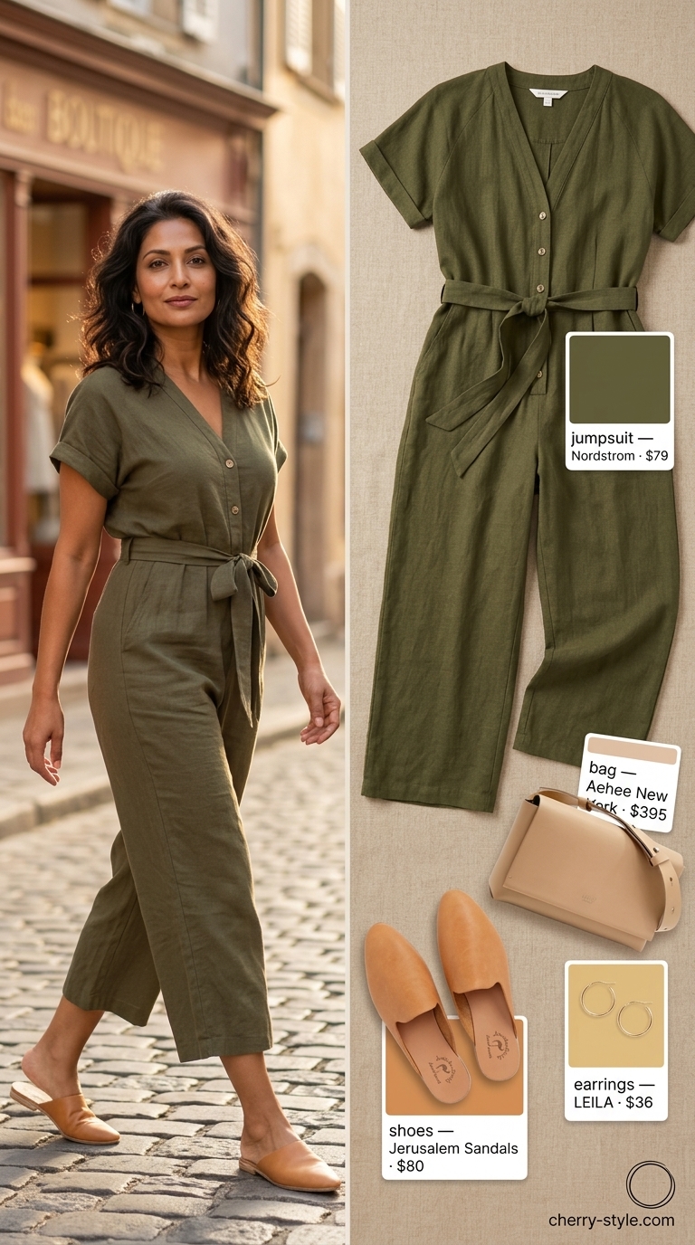 Classic summer outfit for women over 50 2026: Olive green utility jumpsuit for a polished and modern evening out.