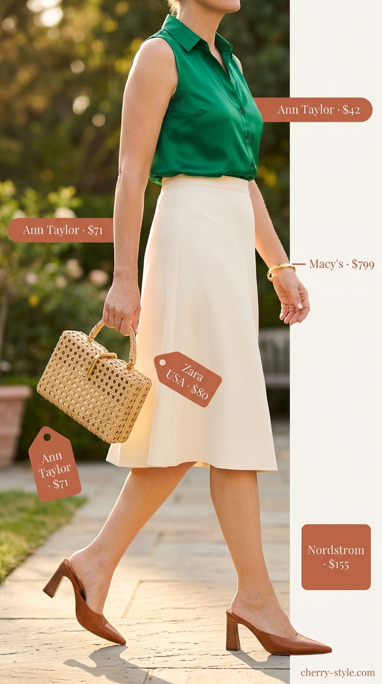 Classic summer outfit for women over 50 2026: Sage green top, cream midi skirt for garden party.