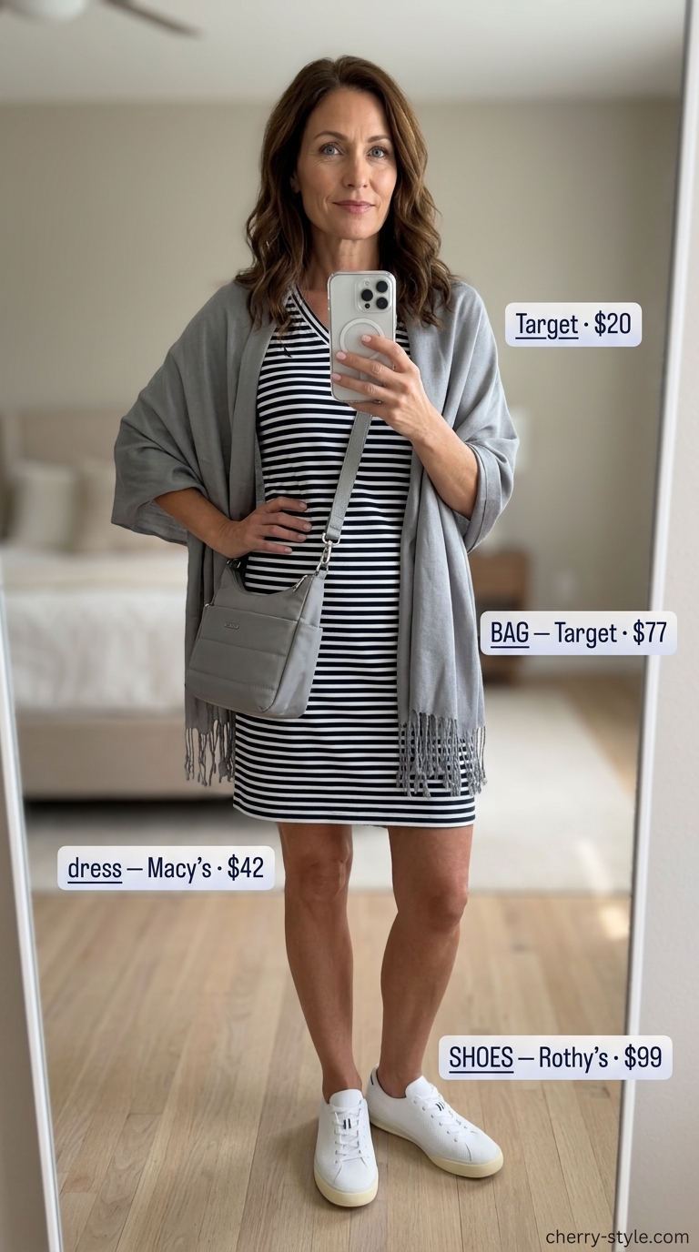 Classic summer outfit for women over 50 2026: Light blue stripe t-shirt dress with sneakers for relaxed summer travel.