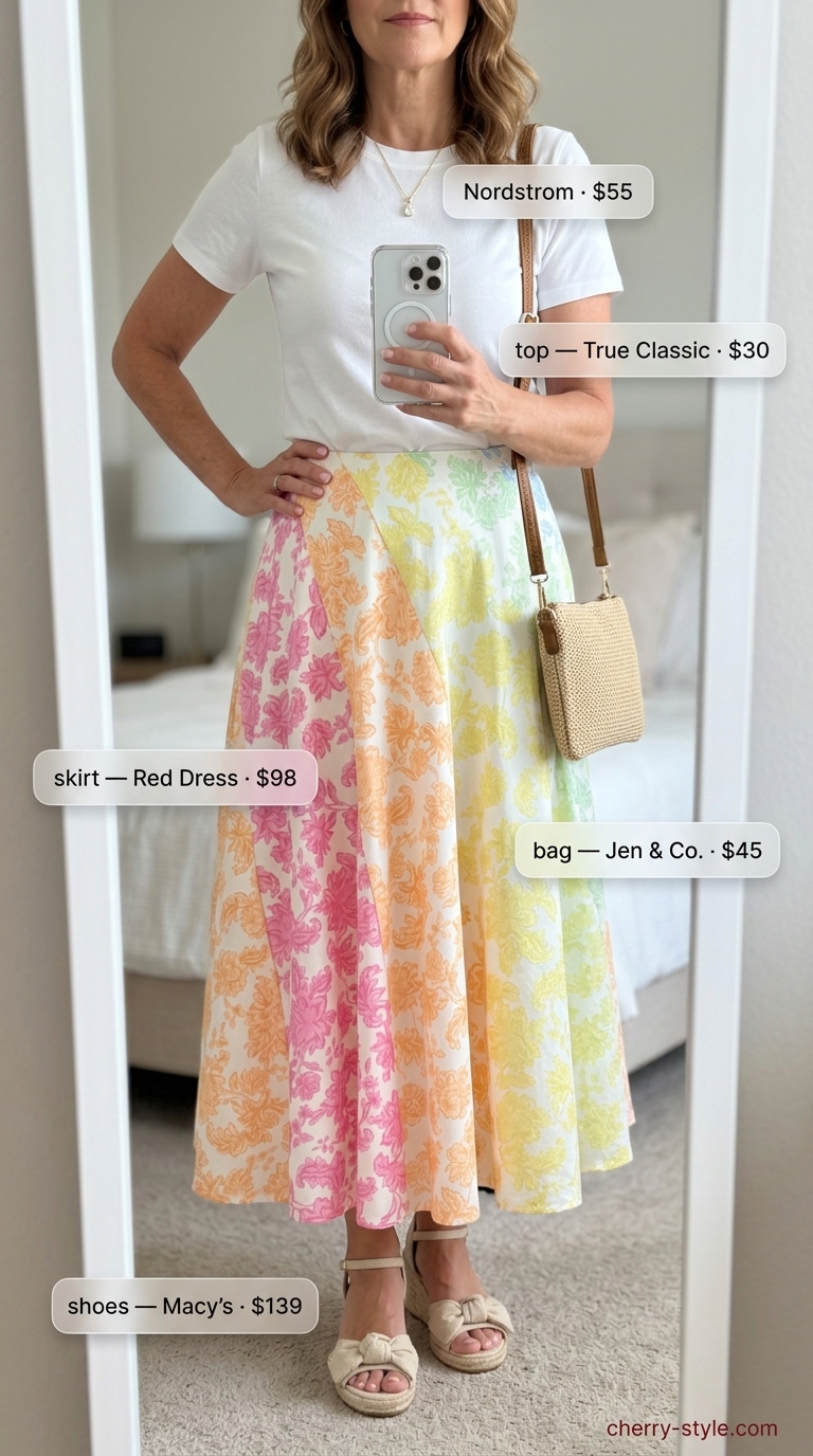 Classic summer outfit for women over 50 2026: Vibrant floral skirt, white tee for casual lunch.