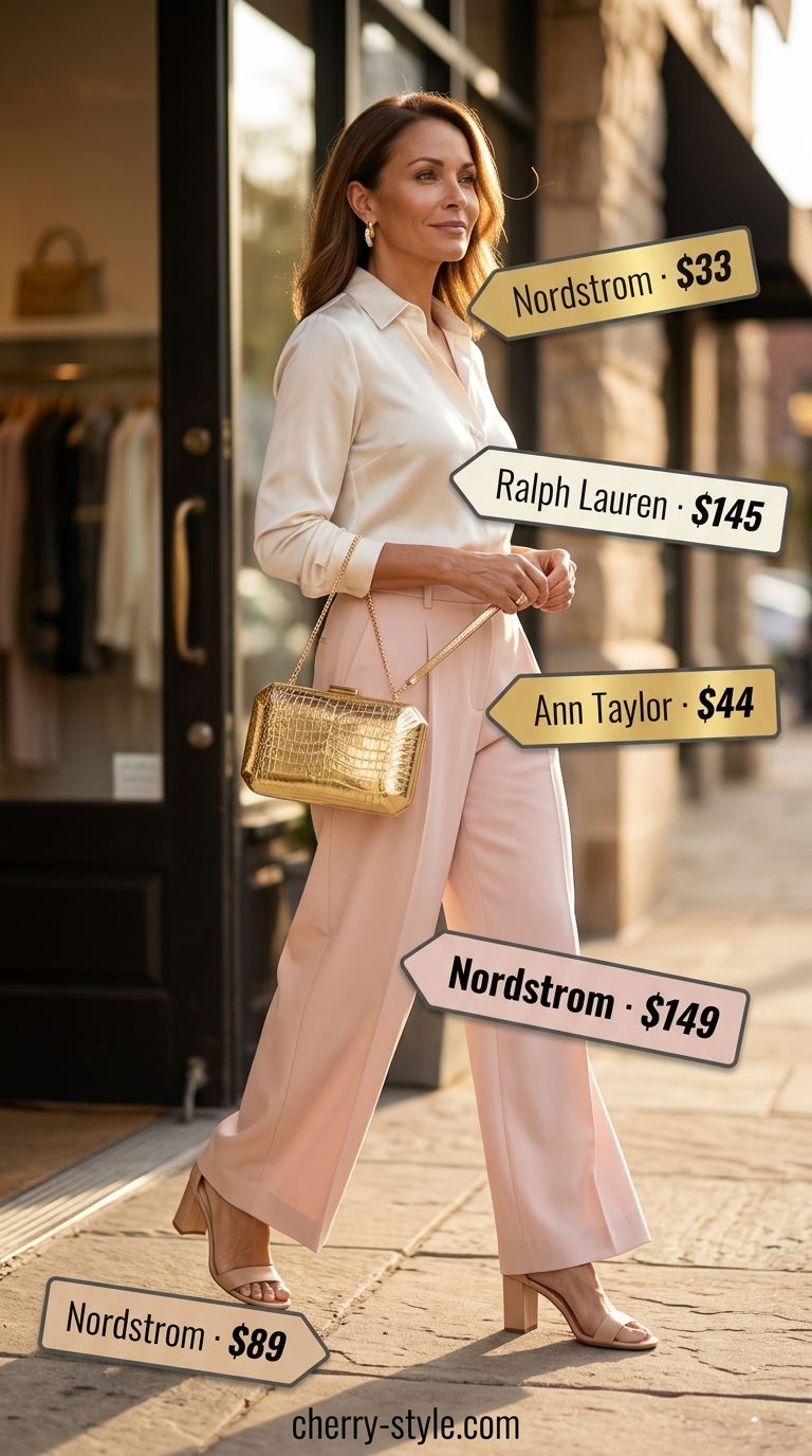 Classic summer outfit for women over 50 2026: Blush pink wide-leg pants, ivory silk blouse, gold heels.