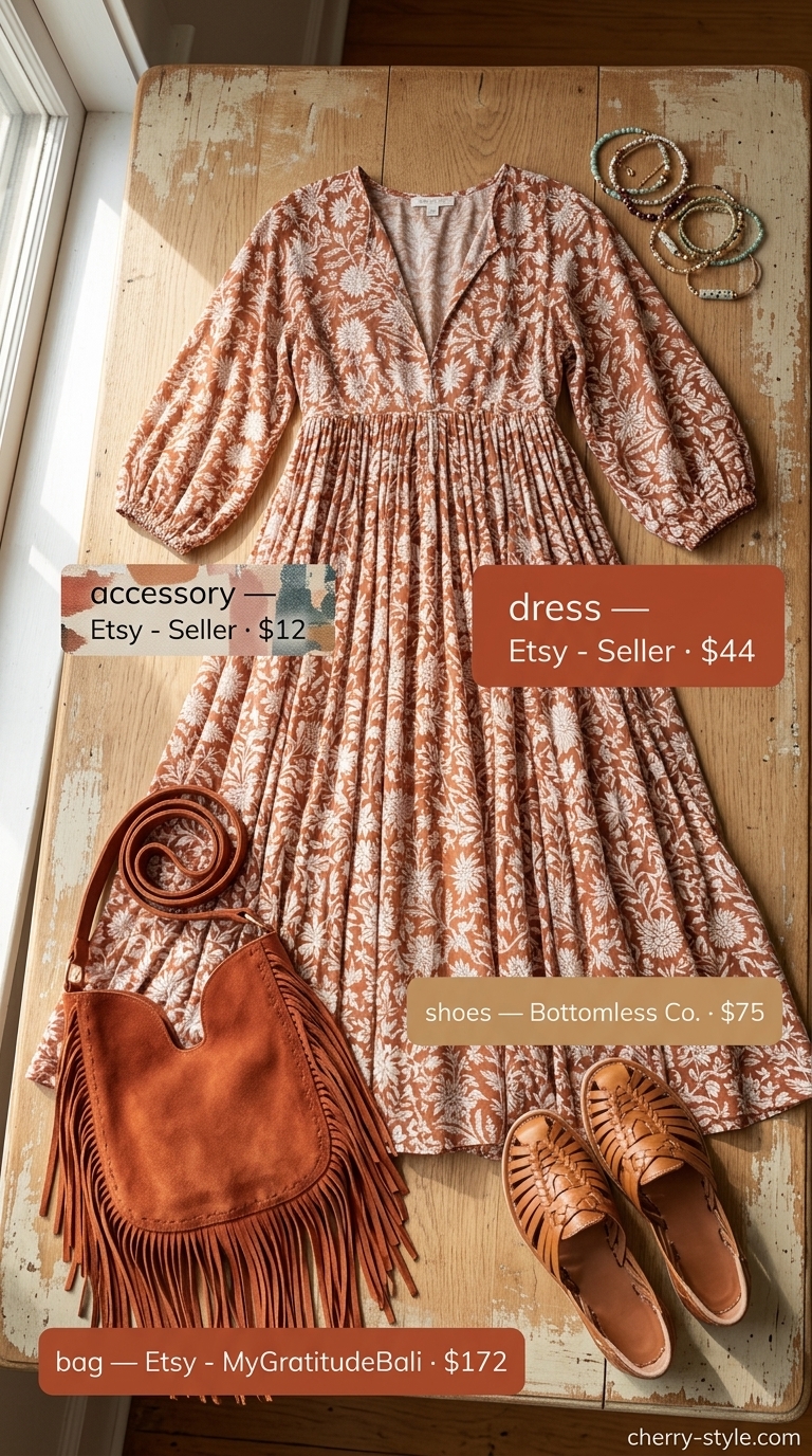 Classic summer outfit for women over 50 2026: Boho maxi dress, tan sandals, suede bag. Beach vacation.