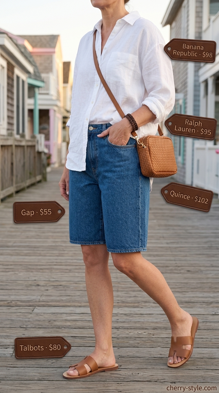 Classic summer outfit for women over 50 2026: Denim shorts, white linen shirt, tan slides. Casual day out.