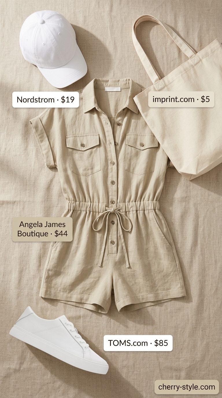 Classic summer outfit for women over 50 2026: Khaki linen romper, white cap, sneakers. Casual outing.