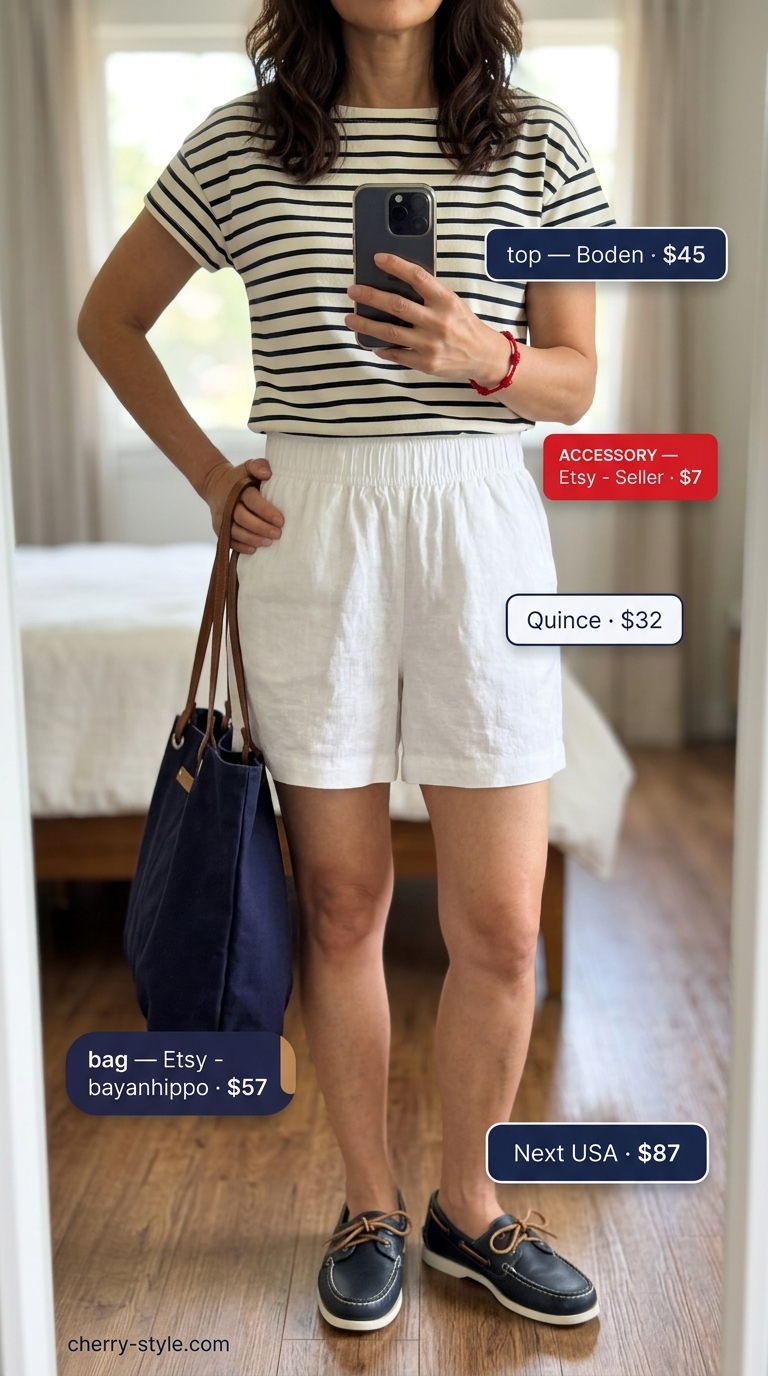 Classic summer outfit for women over 50 2026: Striped tee, white linen shorts, navy boat shoes. Nautical.