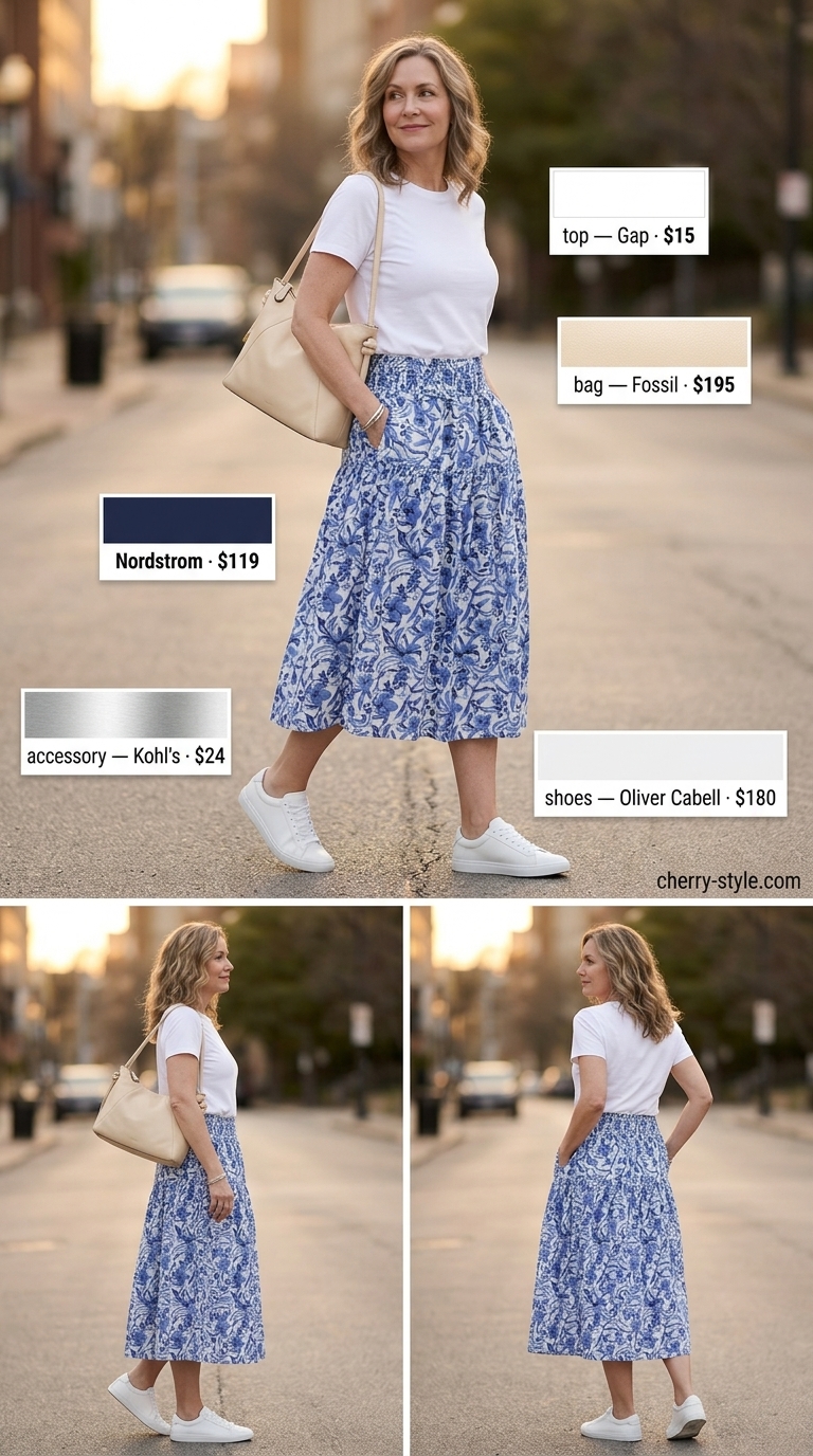 Classic summer outfit for women over 50 2026: Navy floral midi skirt, white tee, sneakers. Casual day.