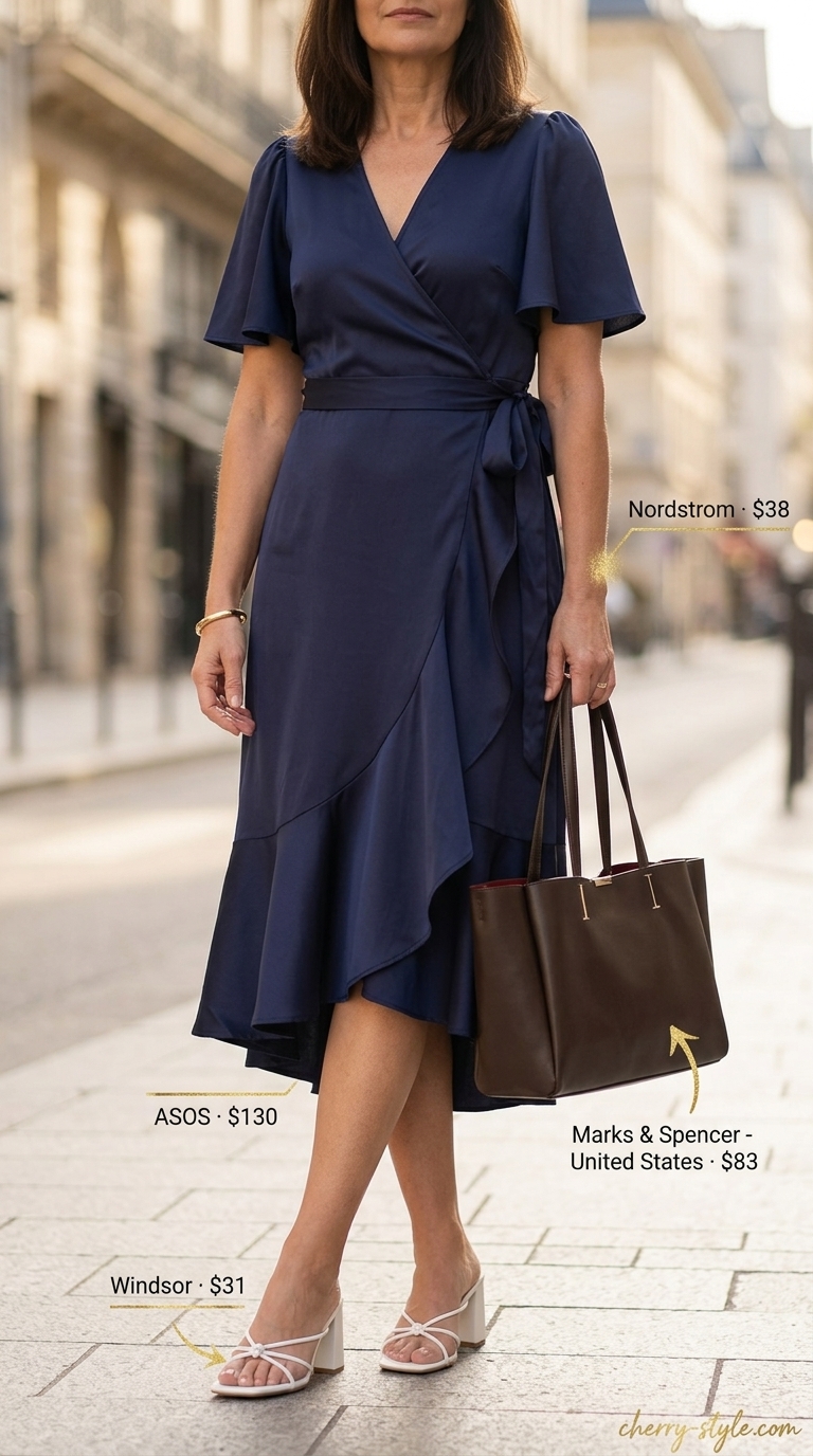 Classic summer outfit for women over 50 2026: Navy wrap dress, white mules, tan tote. Chic city look.