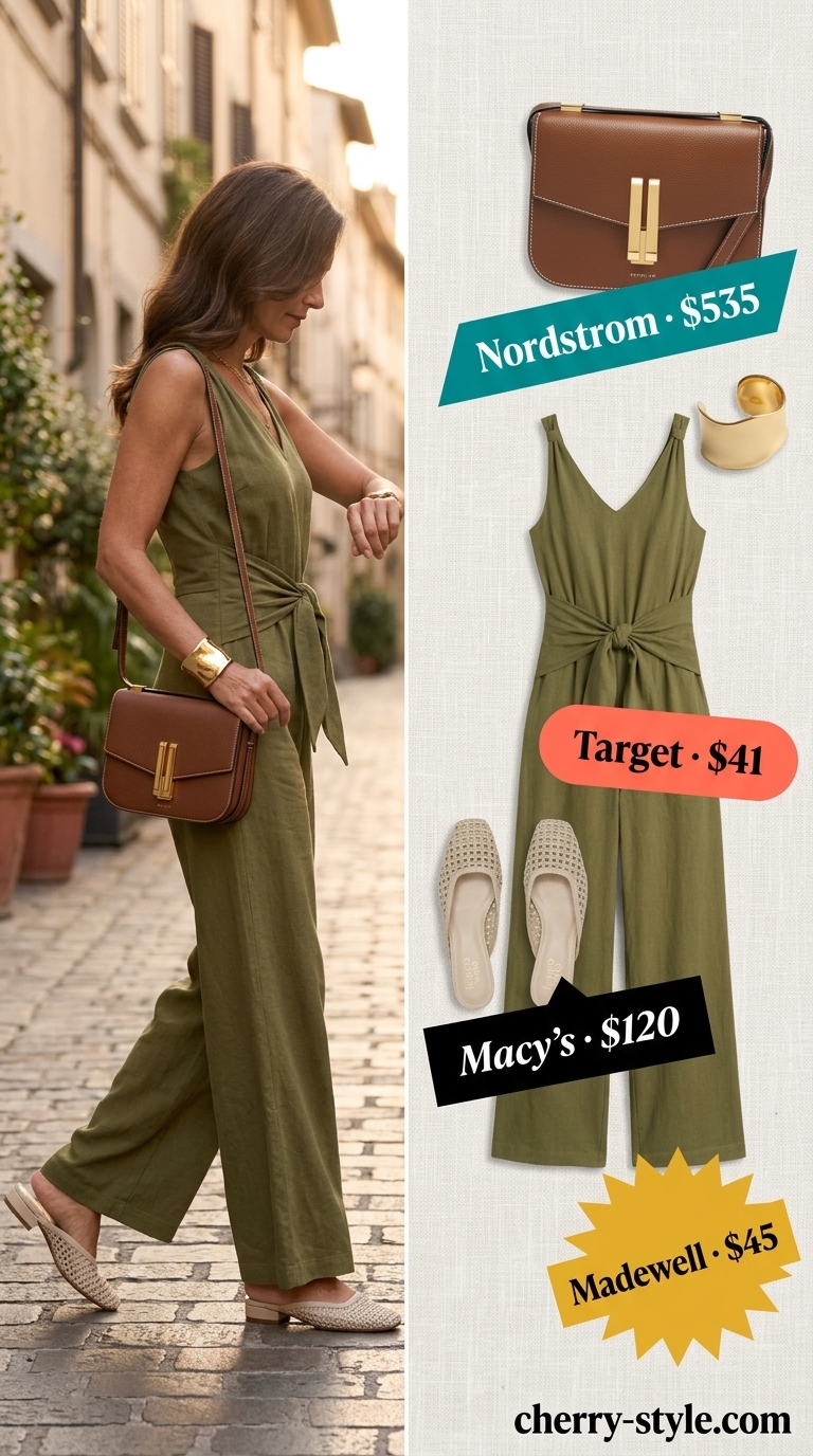 Classic summer outfit for women over 50 2026: Olive green jumpsuit, ivory mules, gold cuff. Stylish evening.