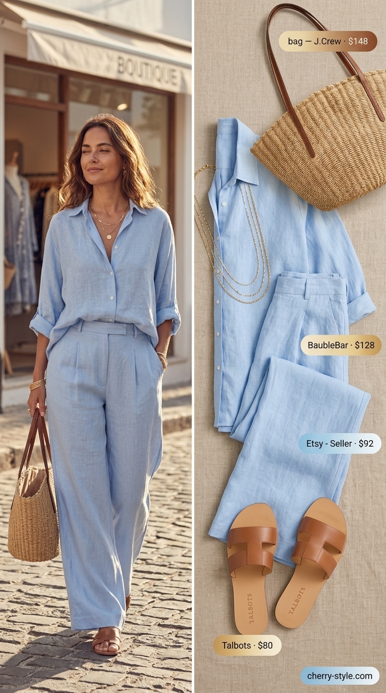 Classic summer outfit for women over 50 2026: Sky blue linen set, tan slides, straw tote. Vacation look.